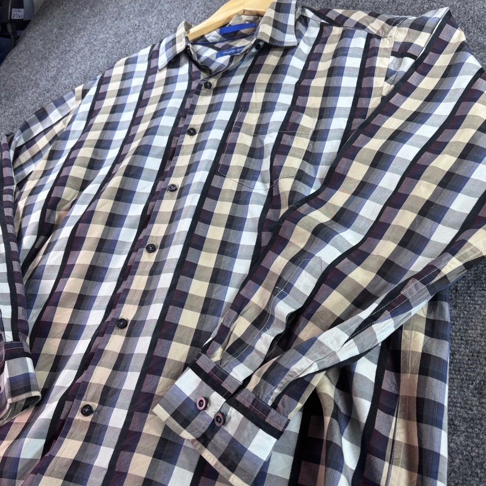 Tommy Bahama Shirt Mens XL Blue Tan Black 100% Silk Plaid Long Sleeve Button Up